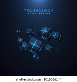 Vector realistic 3d cubes with neon parts compose on dark space background . Cyberspace concept . Hi tech / futuristic vector illustration .
