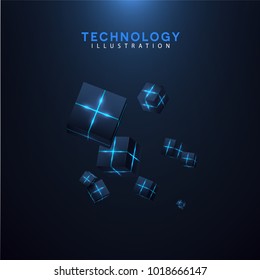 Vector realistic 3d cubes with neon parts compose on dark space background . Cyberspace concept . Hi tech / futuristic vector illustration .
