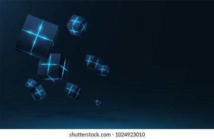 Vector realistic 3d cubes with neon parts compose on dark space background . Cyberspace ,Hi tech , futuristic vector illustration .
Blockchain visual concept