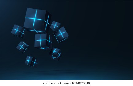 Vector realistic 3d cubes with neon parts compose on dark space background . Cyberspace ,Hi tech , futuristic vector illustration .
Blockchain visual concept