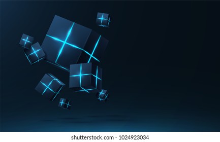 Vector realistic 3d cubes with neon parts compose on dark space background . Cyberspace ,Hi tech , futuristic vector illustration .
Blockchain visual concept