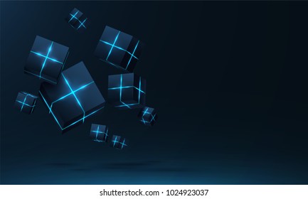 Vector realistic 3d cubes with neon parts compose on dark space background . Cyberspace ,Hi tech , futuristic vector illustration .
Blockchain visual concept