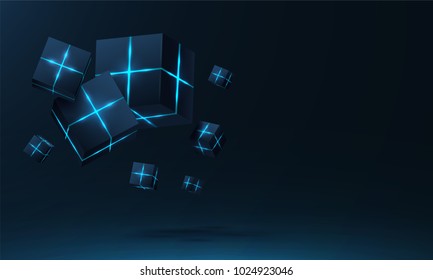 Vector realistic 3d cubes with neon parts compose on dark space background . Cyberspace ,Hi tech , futuristic vector illustration .
Blockchain visual concept