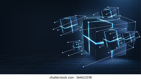 Vector realistic 3d cubes with neon parts and dots connection on dark background . Futuristic illustration