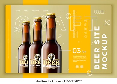Vector realistic 3d dark beer bottles on bright modern site template with typographic background. Mock-up for product package branding.