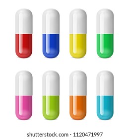 Vector realistic 3d different color medical pill icon set isolated on white background. Design template for graphics, banners. Vertical position