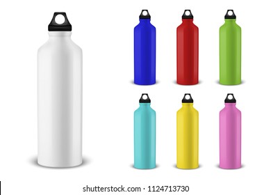 Vector realistic 3d different color empty glossy metal water bottle with black bung icon set closeup on white background. Design template of packaging mockup for graphics. Front view