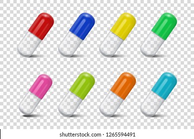 Vector Realistic 3d Different Color Medical Pill, Capsules Icon and Mock-up Set Isolated on Transparent Background. Design Template of Pills for Mockup. Medical and Healthcare Concept. Vertical