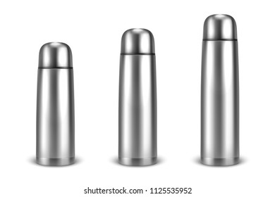 Vector realistic 3d different size - small, medium, large - empty glossy metal vacuum thermo tumbler flask icon set closeup on white background. Design template of packaging mockup for graphics. Front