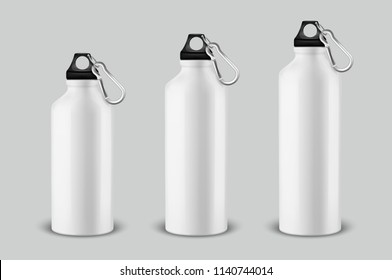 Vector realistic 3d different size - small, medium, large - empty glossy metal water bottle with black bung icon set closeup on white background. Design template of packaging mockup for graphics