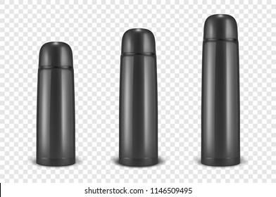 Vector realistic 3d different size - small, medium, large - black empty glossy metal or plastic vacuum thermo tumbler flask icon set closeup on transparency grid background. Design template of