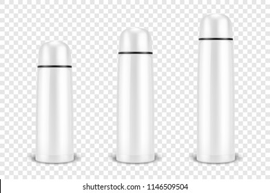 Vector realistic 3d different size - small, medium, large - white empty glossy metal or plastic vacuum thermo tumbler flask icon set closeup on transparency grid background. Design template of