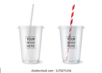 Vector realistic 3d empty clear plastic disposable cup with a straw set closeup isolated on white background. Design template of packaging mockup for graphics - milkshake, tea, fresh juice, lemonade svg