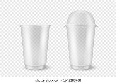 Vector Realistic 3d Empty Clear Plastic Opened, Closed Disposable Cup Set Closeup Isolated on Transparent Background. Design Template of Packaging Mockup for Graphics - Milkshake, Tea, Juice, Lemonade