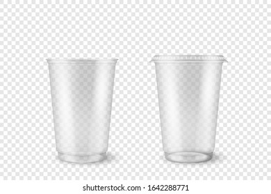 Vector Realistic 3d Empty Clear Plastic Opened, Closed Disposable Cup Set Closeup Isolated on Transparent Background. Design Template of Packaging Mockup for Graphics - Milkshake, Tea, Juice, Lemonade