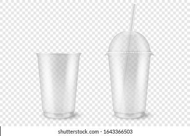 Vector Realistic 3d Empty Clear Plastic Opened, Closed Disposable Cup with Straw Set Closeup Isolated on Transparent Background. Design Template of Milkshake, Tea, Juice Packaging Mockup for Graphics