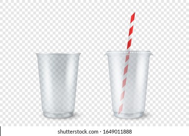 Vector Realistic 3d Empty Clear Plastic Opened, Closed Disposable Cup with Straw Set Closeup Isolated on Transparent Background. Design Template of Milkshake, Tea, Juice Packaging Mockup for Graphics