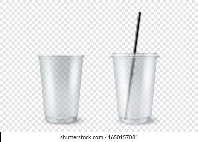 Vector Realistic 3d Empty Clear Plastic Opened, Closed Disposable Cup with Straw Set Closeup Isolated on Transparent Background. Design Template of Milkshake, Tea, Juice Packaging Mockup for Graphics