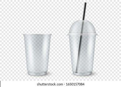 Vector Realistic 3d Empty Clear Plastic Opened, Closed Disposable Cup with Straw Set Closeup Isolated on Transparent Background. Design Template of Milkshake, Tea, Juice Packaging Mockup for Graphics