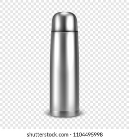 Vector realistic 3d empty glossy metal vacuum thermo tumbler flask closeup isolated on transparency grid background. Design template of packaging mockup for graphics. Front view