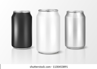 Vector realistic 3d empty glossy metal white, black and silver aluminium beer pack or can set visual 330ml. Can be used for lager, alcohol, soft drink, soda, fizzy pop, lemonade, cola, energy drink