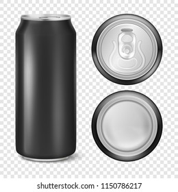 Vector realistic 3d empty glossy metal black aluminium beer pack or can visual 500ml. Can be used for lager, alcohol, soft drink, soda, fizzy pop, lemonade, cola, energy drink, juice, water etc. Icon