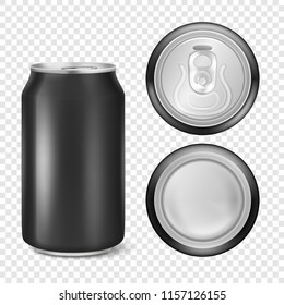 Vector realistic 3d empty glossy metal black aluminium beer pack or can visual 330ml. Can be used for lager, alcohol, soft drink, soda, fizzy pop, lemonade, cola, energy drink, juice, water etc. Icon