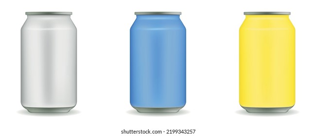 Vector realistic 3d empty glossy metal white or silver, blue and yellow aluminium beer pack or can set. 330ml. Can for beer, alcohol, soft drink, soda, cola, lemonade