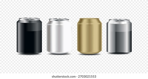 Vetor realista 3d vazio brilhante metal branco, preto e prata cerveja pacote ou pode definir visual 330ml. Pode ser usado para lager, álcool, refrigerante, refrigerante, refrigerante, refrigerante, limonada, cola, bebida energética
