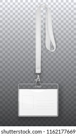Vector realistic 3d empty graphic Id Card badge on carbine with lanyard closeup isolated on transparency grid background. Design template for mockup