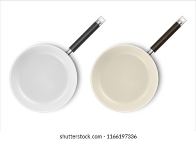 Vector realistic 3d empty non-stick, enamel cover surface frying pan icon set in top view closeup isolated on white background. Design template for graphics