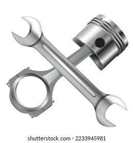 Vector realistic, 3D engine repair concept with wrench and piston isolated on white background.