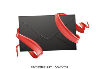 Vector realistic 3d envelope with elegant red silk ribbons. Valentines day holiday romantic invitation card design love poster. Standart empty black post letter cover. template. Isolated illustration