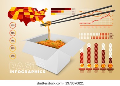 Vector realistic 3d fast food pack with business infographics, icons and charts isolated on bright background.