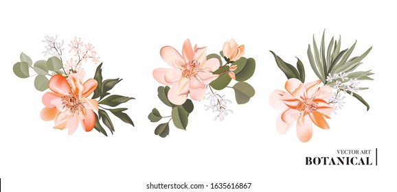 Vector realistic 3d floral bouquet design: garden magnolia flower  with palm leaves and eucalyptus isolated on white. Romantic greenery rustic boho card with luxury hand drawn illustration, wedding.