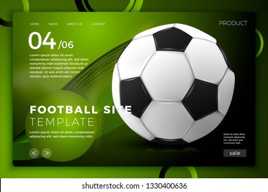 Vector realistic 3d football ball on bright modern site template with typographic background. Mock-up for product package branding.
