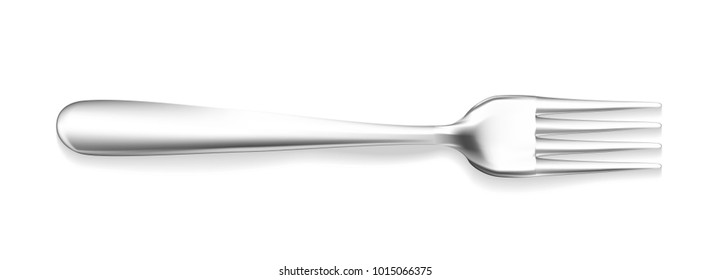 Vector realistic 3d fork metal mockup. Stainless steel, elegant silver kitchenware, flatware. Isolated illustration white background for restaurant, menu advertising poster design.