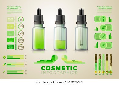 Vector realistic 3d glass dropper bottles with liquid gel inside, with business infographics, icons and charts isolated on bright background.