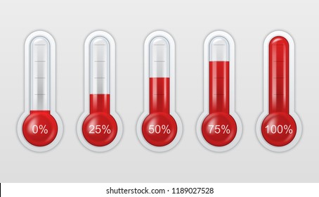 Vector realistic 3d glass meteorology, weather thermometer scale sign icon set closeup isolated on white background. Clip art, design template for graphics. Thermometers with different levels and