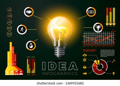 Vector realistic 3d glass shining idea lamp, with business infographics, icons and charts isolated on bright background.