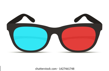 Vector realistic 3d glasses with red, blue lenses for cinema. Plastic spectacles for movie, film.