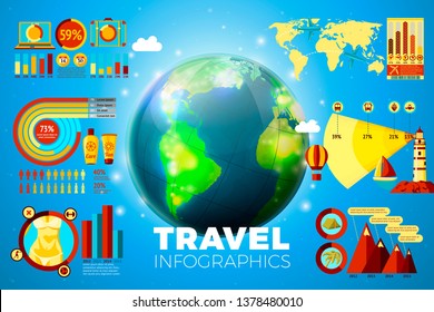 Vector realistic 3d globe with travel infographics, icons and charts isolated on dark background.