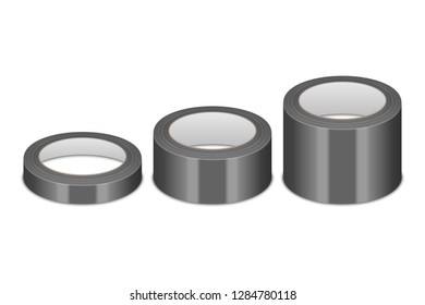 Vector Realistic 3d Glossy Black Tape Roll Different Size - Small, Medium, Big - Set or Mock-up Closeup Isolated. Design Template of Packaging Sticky Tape Roll or Adhesive Tape for Mockup. Front View