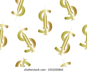 Vektor golden Dollar Zeichen nahtlose Muster. Dollarzeichen mit Spritze als Teil des Dollarzeichens.