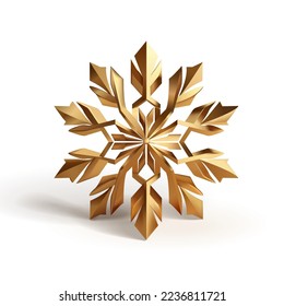 Vector realistic 3d golden snowflake for winter holiday design. 3d render vector flake. Winter seasonal decoration made of gold. Christmas, new year holiday snowflake star 3d digital art.