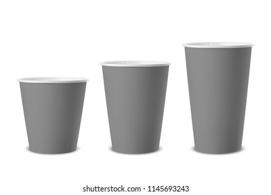 Vector realistic 3d gray paper disposable cup icon set closeup isolated on white background. Different size - small, medium and large. Design template for graphics, mockup. Front view