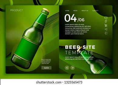 Vector realistic 3d green beer bottle on bright modern site template with typographic background. Mock-up for product package branding.