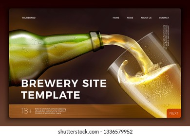Vector realistic 3d green beer bottle on bright modern site template with typographic background. Mock-up for product package branding.