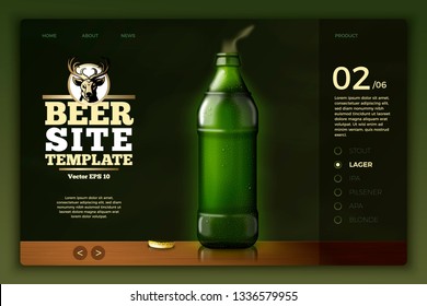 Vector realistic 3d green beer bottle on bright modern site template with typographic background. Mock-up for product package branding.