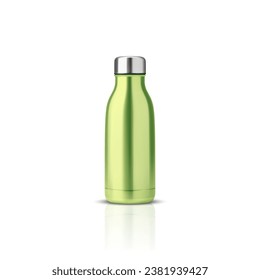 Vektorrealistische 3D-grüne, glänzende Metallflasche mit wiederverwendbarem Wasser mit silberfarbenem Bung, einzeln auf weißem Hintergrund. Design-Vorlage für die Paketzuführung Vorderansicht